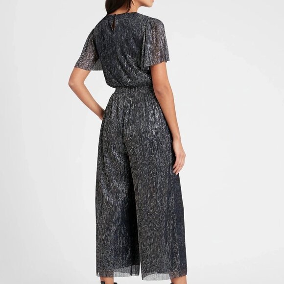Banana Republic Wide Leg Jumpsuit NWT Navy Silver Shimmer Cocktail Party Sz M - Picture 9 of 13